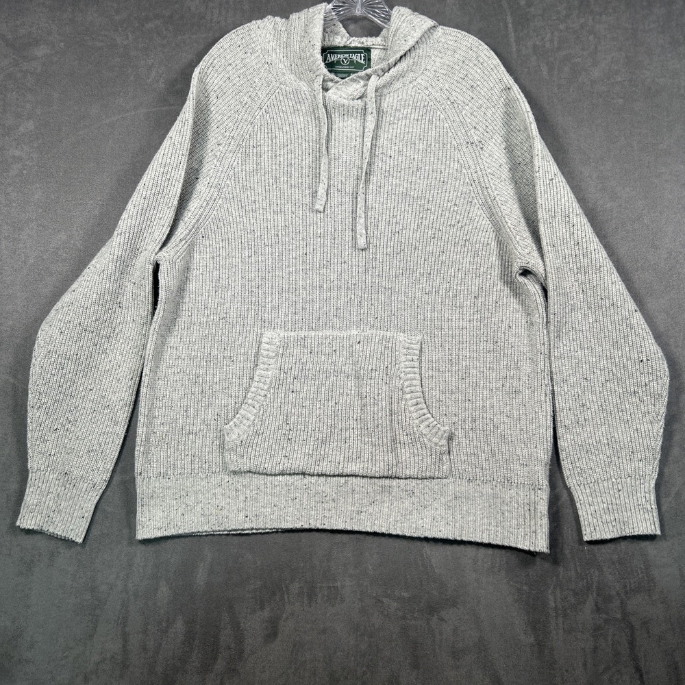 American Eagle Pullover XXL Hoodie Ribbed Knit Sweater Drawstring Mens Ivory